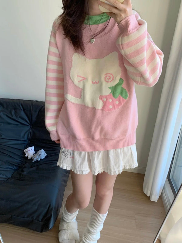 Kawaii Strawberry Cat Sweater: Cozy-Cute with Pink Stripes & Dots