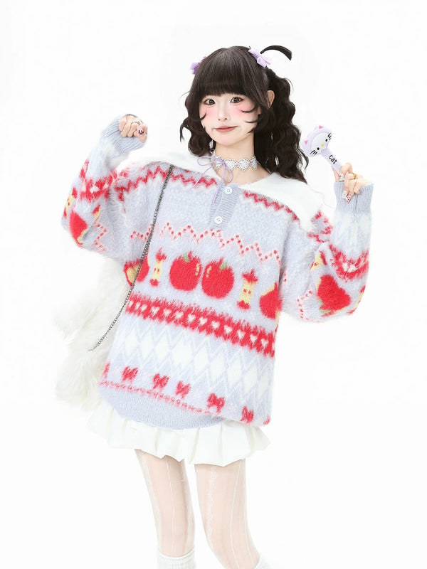 Women's Fair Isle Cat Knit Sweater in Christmas Red | Cozy & Relaxed Fit